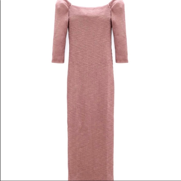 Zara Ribbed Midi Dress Mauve Square Neck Size M - Picture 2 of 8